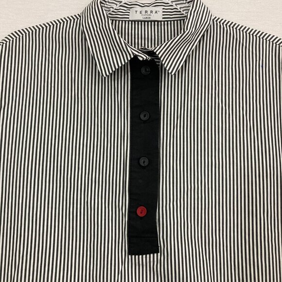 Terra Black White Striped Pockets Preppy Cotton Relaxed Popover Top Large - Picture 3 of 10